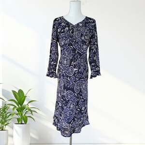 Y2K Vintage LAURA ASHLEY Navy Floral Paisey Midi Dress Size 4 US